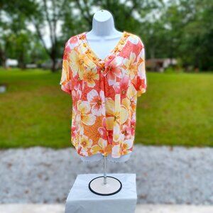 Alfred Dunner Womens Floral V-Neck Top With Beaded Detail L Lightweight Polyeste